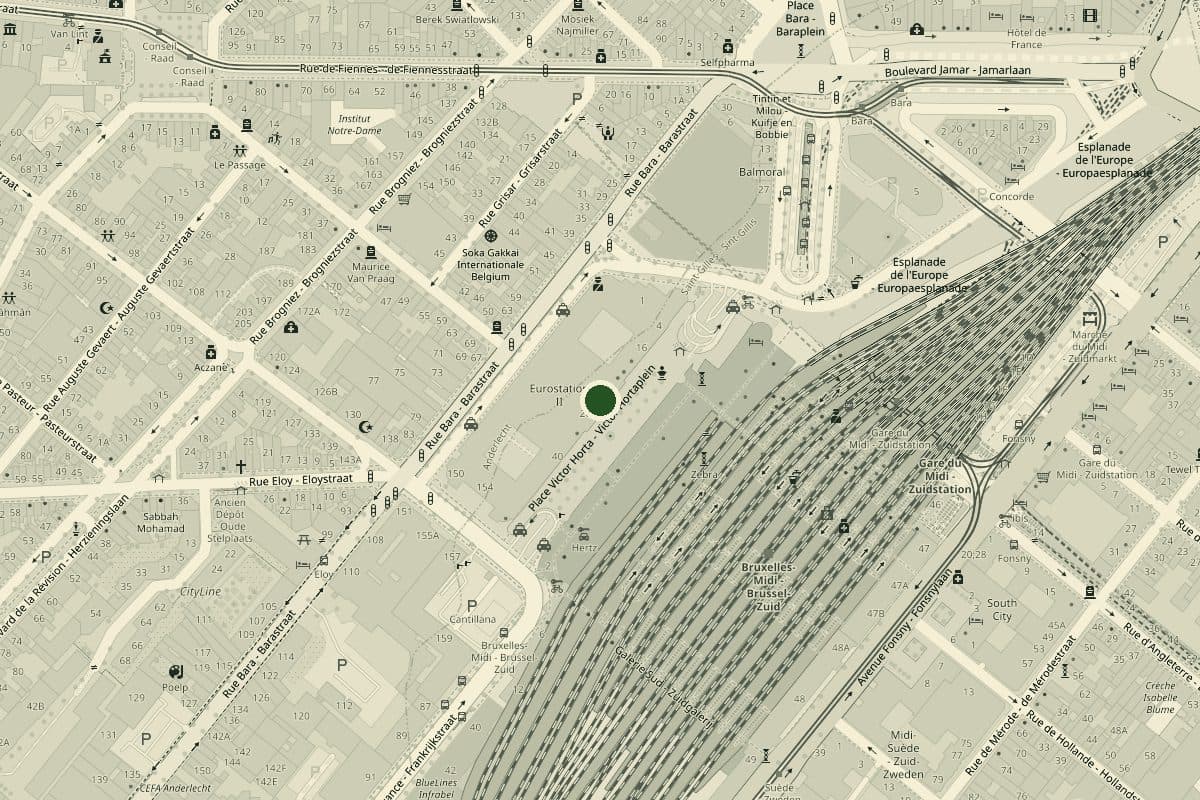Plan van de buurt van het Zuidstation: het restaurant op nummer 20 van het Victor Hortaplein, langs de sporen van het station Brussel-Zuid
